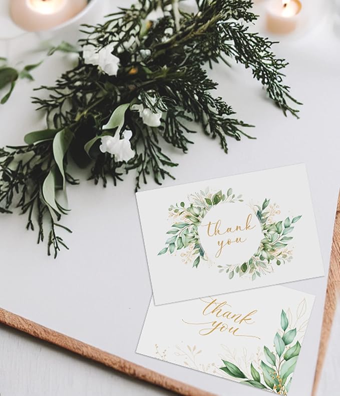 20 Eucalyptus Matt Gold Foil Greenery Thank You Cards with Envelopes & Stickers 4x6 Inch, Bulk Thank You Notes, Suitable for Business, Baby Shower, Wedding, Graduation, Bridal Shower, Funeral