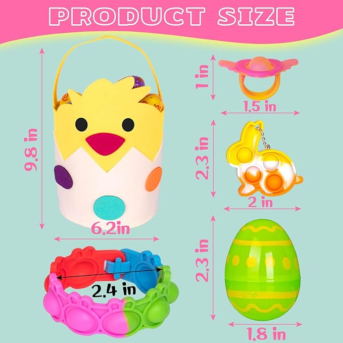 30 Packs Easter Plastic Printed Bright Eggs,Easter Theme Pop Keychain Bracelets Rings Bubble Toys Set,Fidget Stress Relief Squeeze for Basket Stuffer,Classroom Exchange Game Prize Supplies