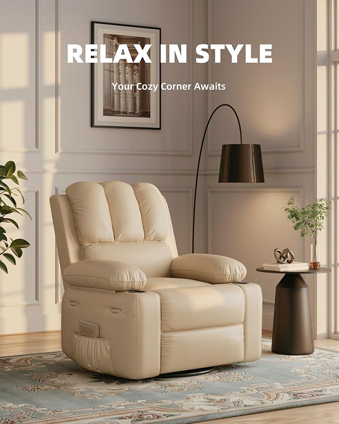 27'' Leather Recliner Chair Oversized, Overstuffed Manual Recliner Chair, Single Sofa for Adults, with Cup Holder and Side Pockets, for Living Rooms, Max Weight 400 lbs, Creamy