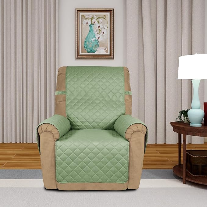 PureFit Reversible Quilted Sofa Cover, Water Resistant Slipcover Furniture Protector, Washable Couch Cover with Non Slip and Elastic Straps for Kids, Dogs, Pets (Recliner, Sage Green/Ivory)