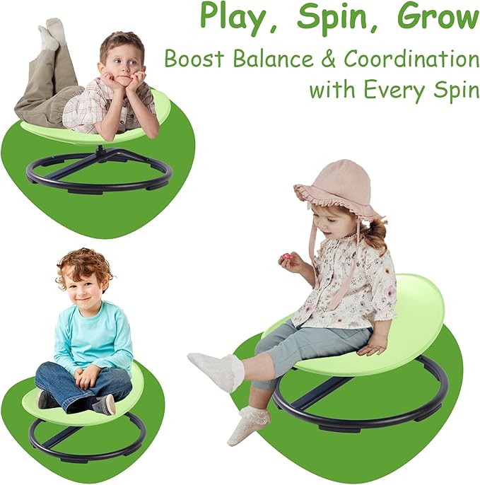 Kids Sensory Swivel Chair - Round Spinning Chair Seat for Balance, Coordination - Sensory Therapy Stool for Kids with Autism & ADHD - Active Indoor Play Chair for Home & Classroom (Green)
