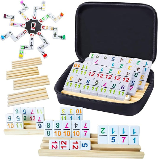 2-8 Players Mexican Train Dominoes Set with Numbers, 8 Wooden Racks, 91 Tiles, Portable Case, Dominos Set for Adults, Board Games for Adults, Easter Gifts, Easter Basket Stuffers