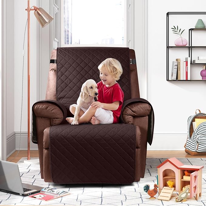 KinCam 100% Waterproof Recliner Chair Cover, Reclining Couch Covers for Pets, Dogs, Recliner Couch Slipcover Furniture Protector with Elastic Straps for Kids(30", Coffee)