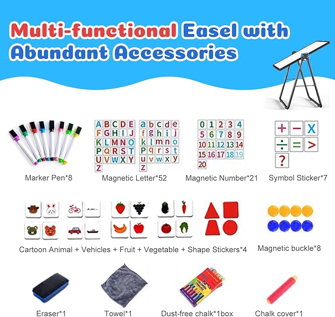 Kids Easel Double-Sided Art Easel with Paper Clip Height Adjustable Whiteboard & Chalkboard 360°Rotating Standing Art Easel for Kids Gift for Boys and Girls Toys for Ages 2-4