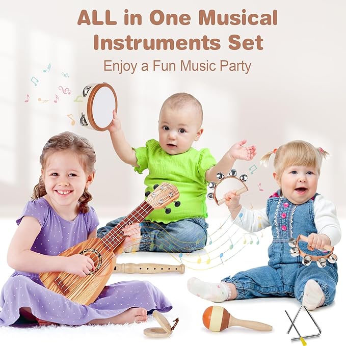 Kids Guitar Set - Toys for 2 3 Year Old Boy Gifts, Montessori Musical Instruments for Toddler 2-4, Birthday Gifts for 3 4 Year Old Girls, Band Sets with Ukulele/Tambourine/Maracas for Kids Age 3 4 5 6