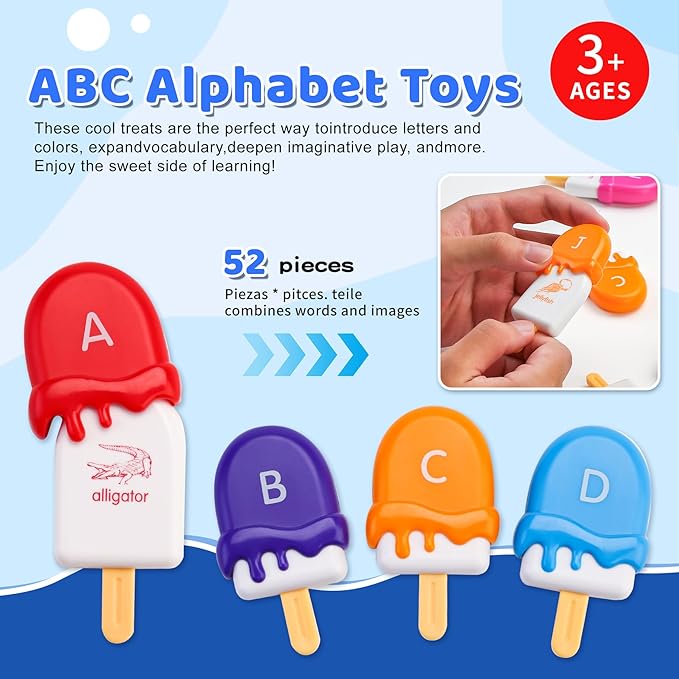 Alphabet Learning Toys, Mini Ice Cream Alphabet Color Sorting Matching Games for Toddlers 1-3, Preschool Learning Educational Toys Easter Basket Stuffers for Toddler
