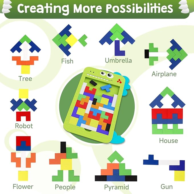 40 Pcs Wooden Blocks Puzzles, Jigsaw Puzzles, Dinosaur Wooden Brain Teaser Puzzles IQ Game Toy, Educational Puzzle, Intelligent Tangram 3D Russian Blocks for 3+ Years Old Kids
