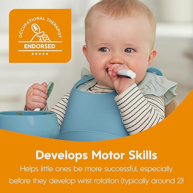 NumNum Baby Spoons Set, Pre-Spoon GOOtensils for Kids Aged 6+ Months - First Stage, Baby Led Weaning (BLW) Spoon - Self Feeding, Silicone Toddler Food Utensils - 2 Spoons, Blue/Green