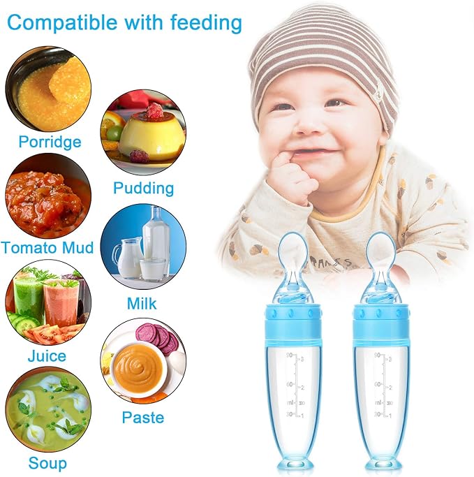 2 Pieces Silicone Baby Spoons Baby Feeding Spoon with Standing Base for Infant 0-24 Months Dispensing and Feeding (Blue)