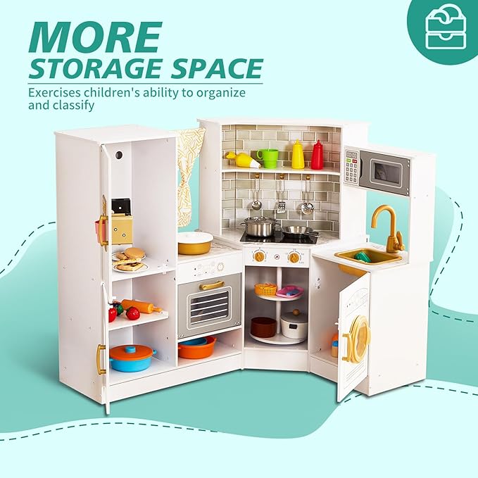 Kids Corner Play Kitchen Set, Wooden Pretend Play Kitchen with Metal Utensils Accessories, Fridge, Sink, Burner, Laundry Playset, Microwave Oven, Cake Turntable, Gifts for Ages 3-8