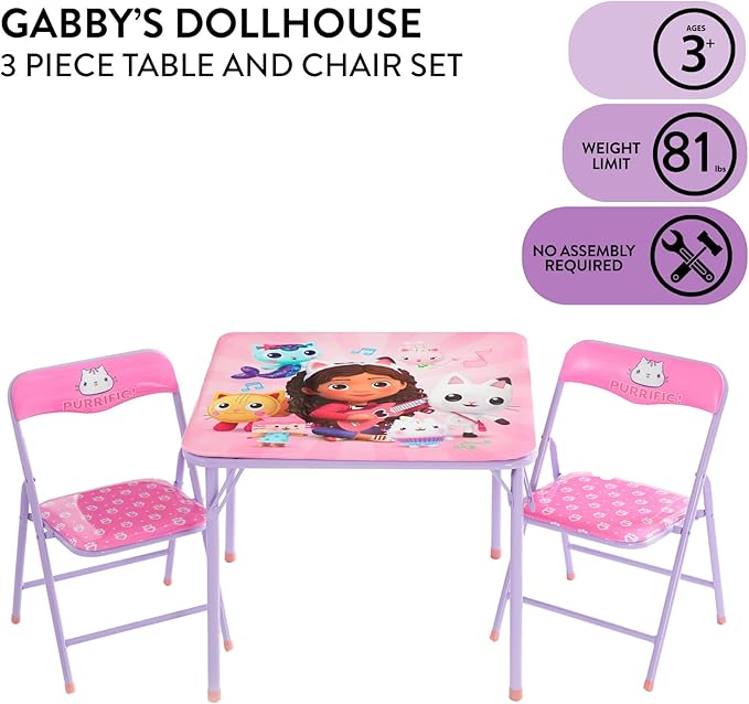 Idea Nuova Gabby's Dollhouse 3 Piece Children's Activity Square Table and 2 Folding Chairs Set, Ages 3+