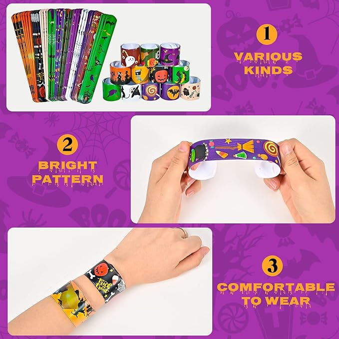 48pcs Halloween Slap Bracelets,Assorted Snap Bracelet Pumpkin Witch Wristbands for Kids Trick or Treat Halloween Party Favors Supply