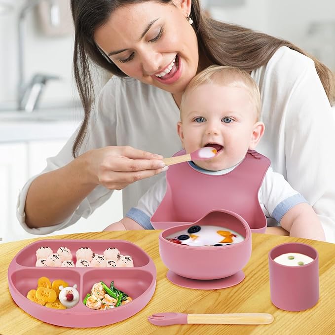 Silicone Baby Feeding Set|6 pcs Premium BPA-Free Baby Led Weaning Supplies with Suction Plates and Bowls Set,toddler self feeding Utensils with Spoons,Bibs,Cups|Baby feeding essentials for 6+ Months