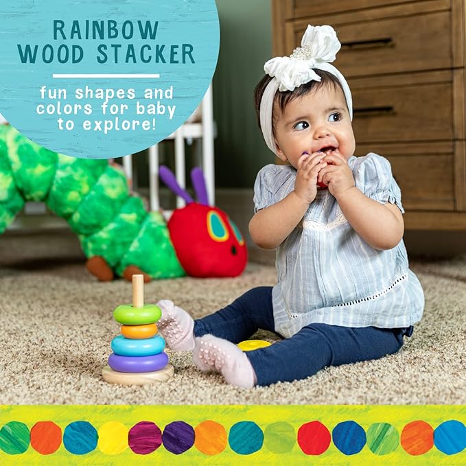 KIDS PREFERRED World of Eric Carle, The Very Hungry Caterpillar Wooden Stacker with Colorful Rainbow Rings, 7 Inch Stacking Solid Wood Educational Developmental Toy –Sorting and Stacking, Multicolor