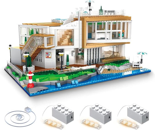 2228Pcs Seaside Villa Building Blocks Set for Kids Ages 8-12 - Street View House Collectible Model Kits - Building Toys with Lighted Glow for Creative Minds