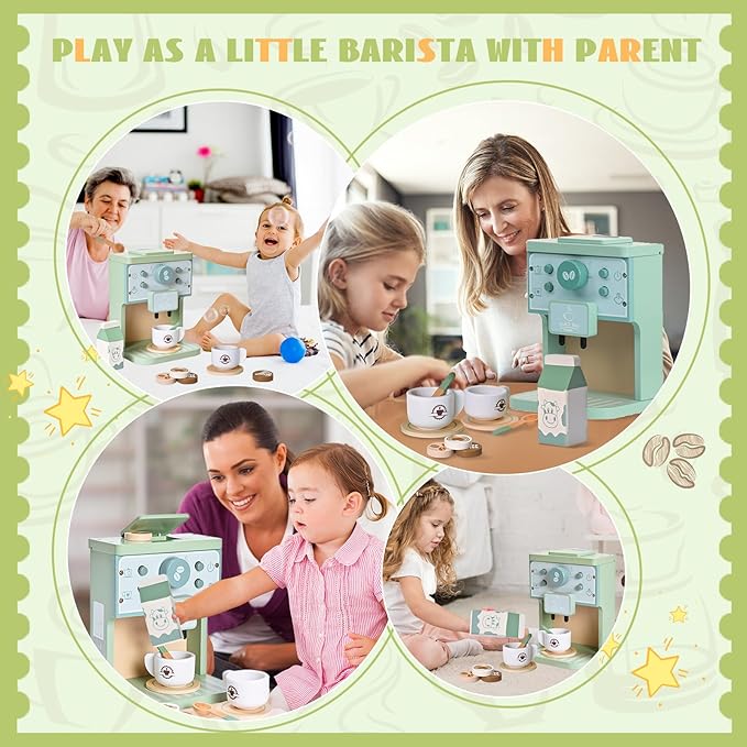Kids Wooden Coffee Maker Toy Montessori Pretend Play Food Kitchen Accessories,Play Coffee Maker Set for Kids,Espresso Machine Playset Montessori Kitchen Toy for 3 4 5 Year Old Girls&Boys(14 Pcs)