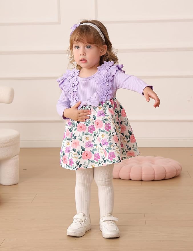 Baby Girl Dress Fall Flower Ruffle with Lace Headband Toddler Girls 3M-3T Infant Dresses Winter Baby Girl Clothes