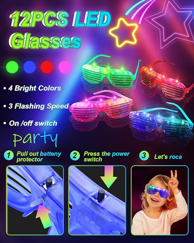 270 PCS Glow In The Dark Party Supplies for Kids Adults, 100 Glow Sticks Bulk Party Pack Light Up Party Favors, 12 LED Glasses, 32 Finger Lights, 8 LED Hair Clips for Wedding Birthday Halloween