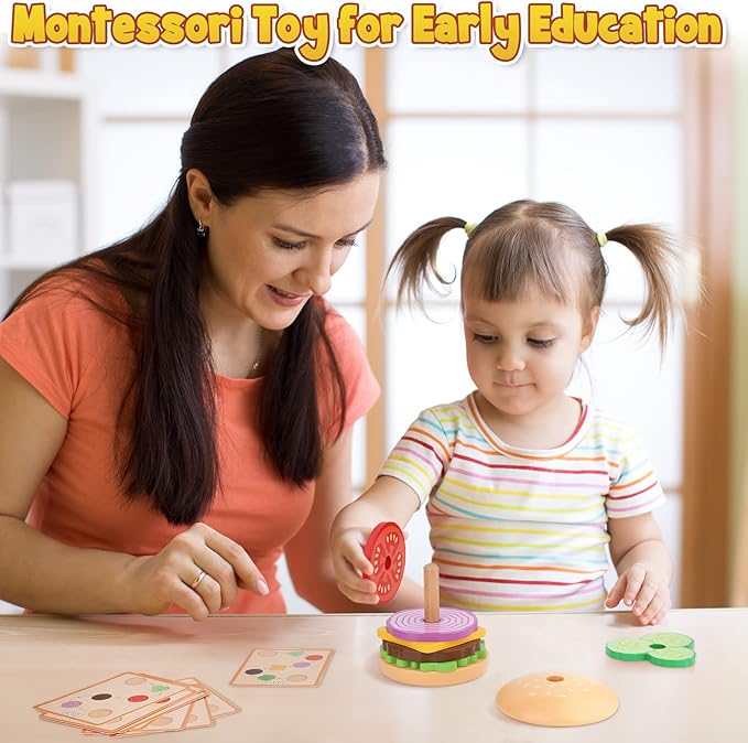 Aizweb Montessori Toys for 3 Year Old - Wooden Burger Stacking Toys for Toddlers and Kids Preschool, Educational Toys, Fine Motor Skill Toy, Blocks for Toddlers, Learning Toys
