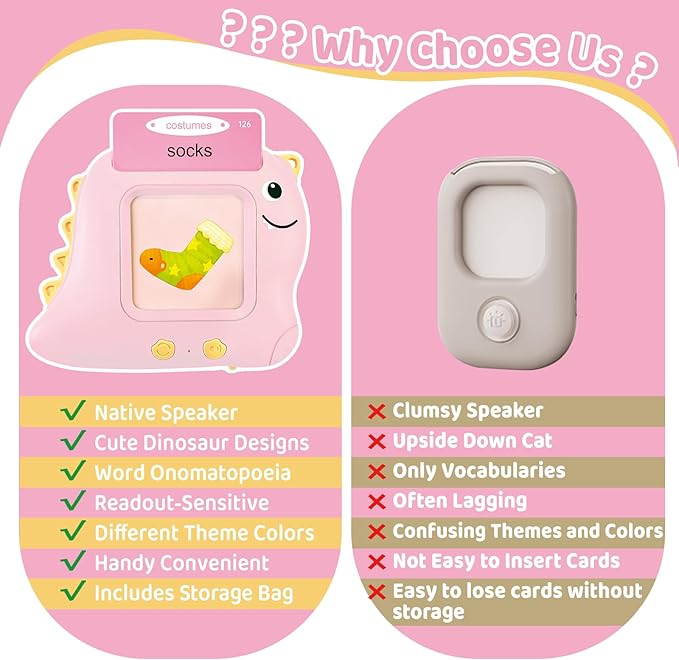 Kids Toddler Toys, Baby Dinosaur Talking Flash Cards for 2 3 4 5 6 Year Old Boys Girls with 224 Sight Words, Autism Sensory Toys, Montessori Learning Educational Toys Children Gifts (Pink)