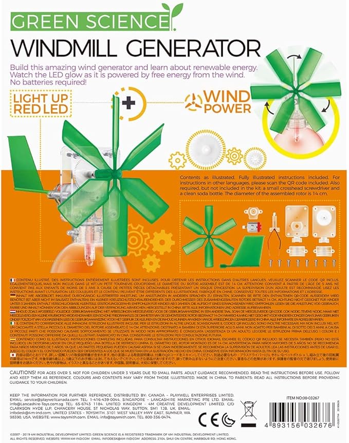 4M Toysmith, Green Science Windmill Generator Kit, DIY Science Kit With LED Lights, For Boys & Girls Ages 8+ (Packaging May Vary)