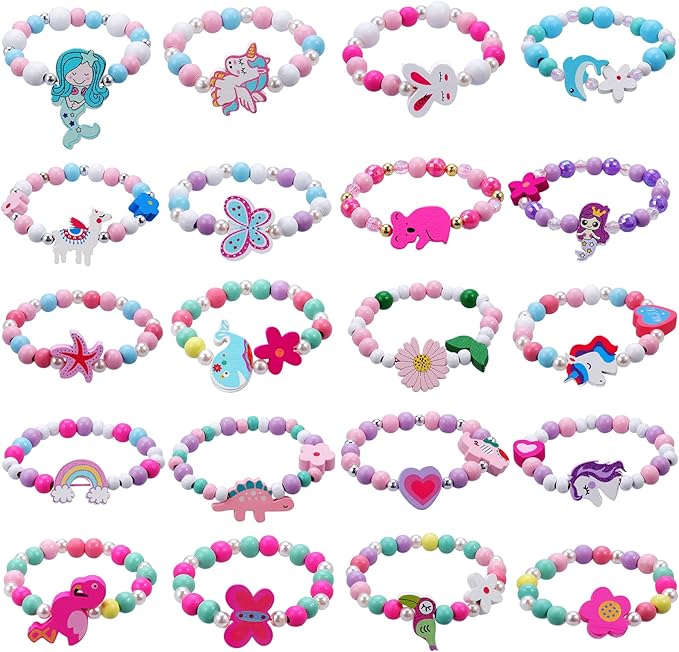 20 Psc Girls Bracelets Kids Party Favors Birthday Goodie Bag Fillers Pinata Stuffers Classroom Prize Exchange Gifts, Princess Play Jewelry Cute Animals Wooden Beads Friendship Bracelets Gifts