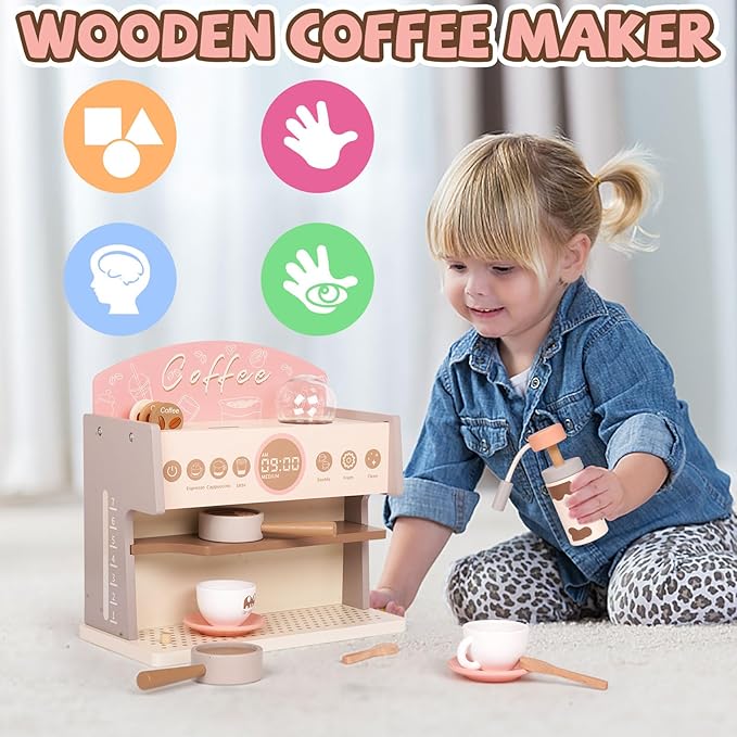 Kids Wooden Coffee Maker Playset Espresso Machine Playset with Grinder Toddler Pretend Play Montessori Kitchen Accessories Realistic Kitchen Toy,Gift for Toddler Boys & Girls