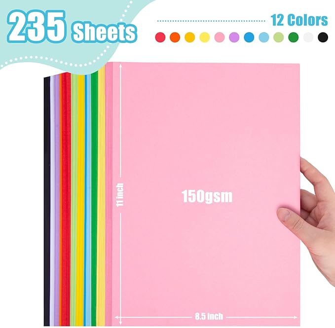 3 otters 235 Sheets Colored Cardstock Paper Bulk, 150GSM Construction Paper Assorted Colors, Kids School Supplies