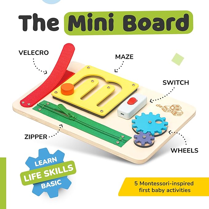 deMoca Montessori Busy Board for 1 Year Old, Sensory Airplane Toys for Toddlers 1-3, Plane Travel Toy with Educational Activities for 1 2 3 Year Old, Gift for Boys and Girls, Packaging May Vary