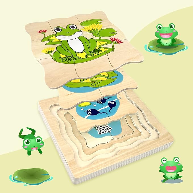 Montessori Wooden Puzzles for Kids Ages 4-8, 4 Layer Life Cycle Jigsaw Puzzle for Toddlers, Children Preschool Learning Educational Puzzles Toys for Boys and Girls (Frog)