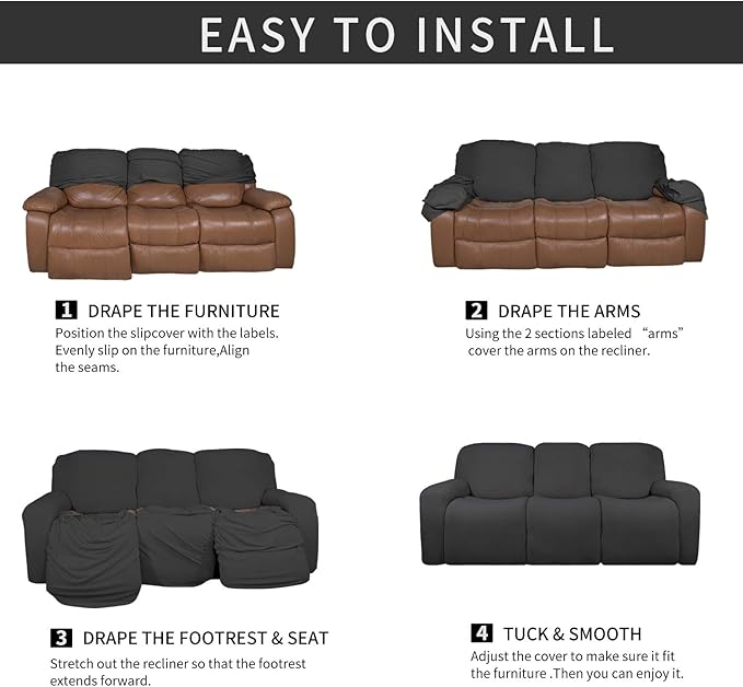 Easy-Going 8 Pieces Microfiber Stretch Sectional Recliner Sofa Slipcover Soft Fitted Fleece 3 Seats Couch Cover Washable Furniture Protector with Elasticity for Kids Pet(Recliner Sofa, Dark Gray)