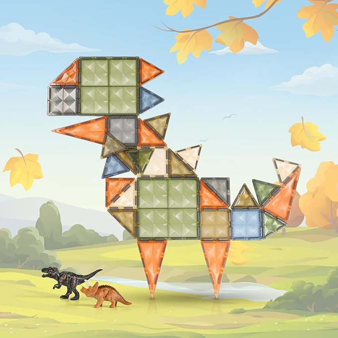 3D Magnetic Tiles, STEM Learning and Encourage Imaginative Play Magnetic Blocks, Preschool Puzzle Magnetic Toys with Dinosaur, Gift for Boys and Girls 3 4 5 6 7 8 Years+