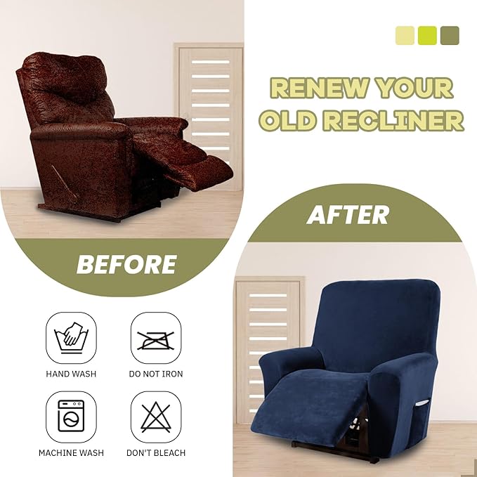 AZON Velvet Stretch Recliner Chair Cover,1-Piece Washable Recliner Couch Cover with Elastic Furniture Protector for Pets, Kids(Recliner, Navy Blue)