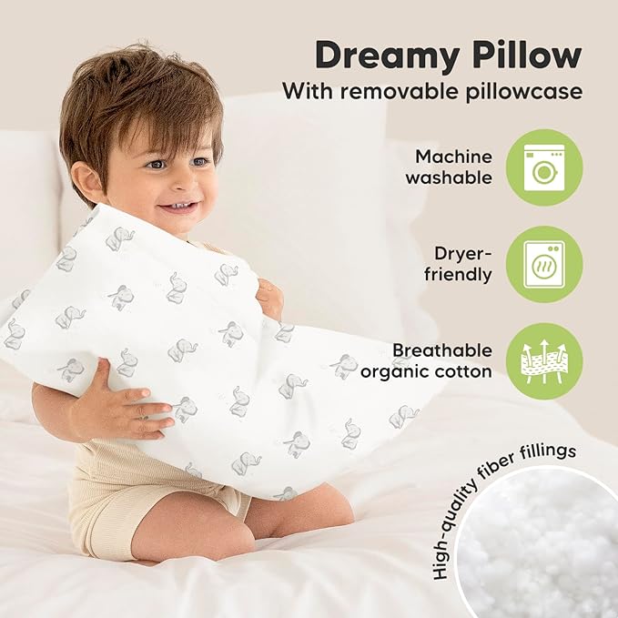 Toddler Pillow with Pillowcase - 13x18 My Little Dreamy Pillow, Organic Cotton Toddler Pillows for Sleeping, Kids Pillow, Travel Pillows, Mini Pillow, Nursery Pillow, Toddler Bed Pillow (Elly)