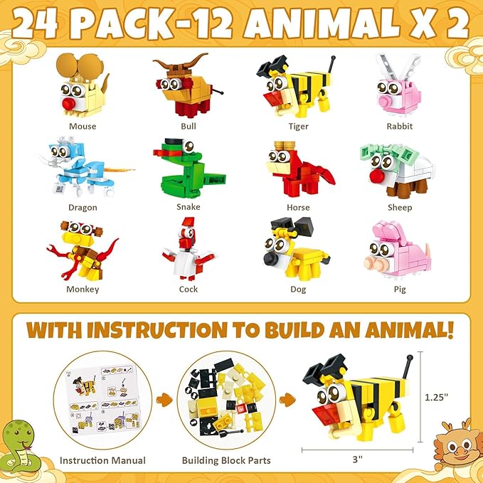 24 Pack Valentines Day Gifts for Kids 8-12, Animal Building Blocks Kit with Gift Cards for Kids School Classroom, Valentines Party Favors Exchange for Boy Girl, Kid Basket Stuffers Fillers Toy