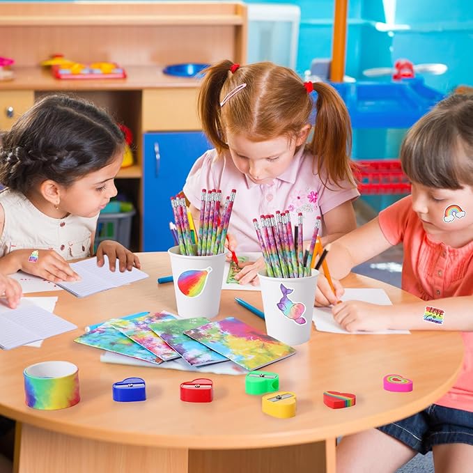 178 Pcs Tie Dye Party Favors Bulk Rainbow School Stationery Set with Slap Bracelets Mini Notebooks Stickers Pencils Heart Eraser Sharpener Keychains for Kids Students Class Reward Prize Supplies