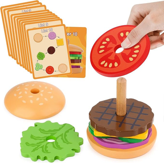 Aizweb Montessori Toys for 3 Year Old - Wooden Burger Stacking Toys for Toddlers and Kids Preschool, Educational Toys, Fine Motor Skill Toy, Blocks for Toddlers, Learning Toys