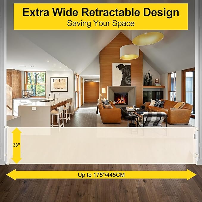 175 Inch Extra Wide Retractable Baby Gates for Large Openings, Extra Long Retractable Dog Gate for Doorways 33" Tall Mesh Pet Gate for Wide Openings Large Baby Gate for Indoor Outdoor (Beige)