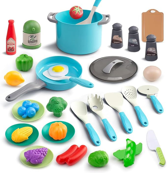 35Pcs Kids Kitchen Toy Accessories, Toddler Pretend Cooking Playset with Play Pots and Pans, Utensils Cookware Toys, Play Food Set, Toy Vegetables, Learning Gift for Girls Boys (Turquoise)