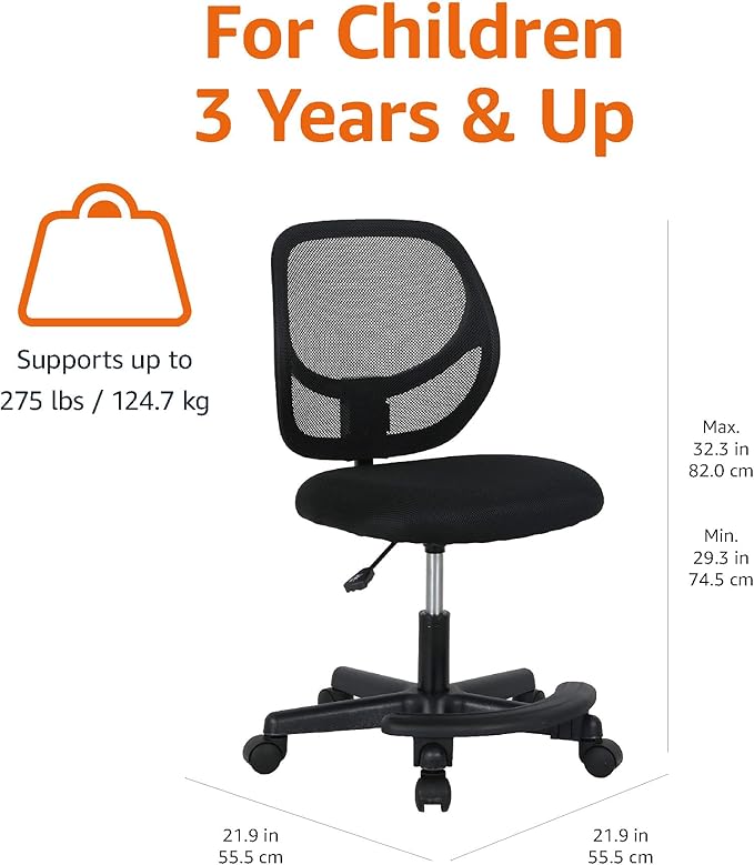 Amazon Basics Kids Adjustable Mesh Low-Back Swivel Study Desk Chair with Footrest, Black
