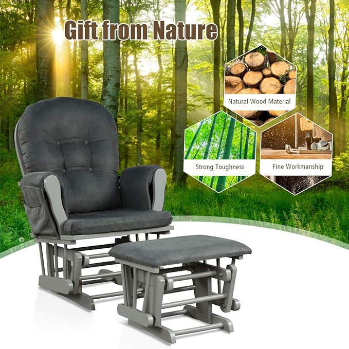 Costzon Nursery Glider with Ottoman, Upholstered Comfort Glider Rocker with Padded Cushion, Storage Pocket, Solid Wood Base, Rocking Chair Nursery for Breastfeeding, Maternity, Napping (Dark Gray)