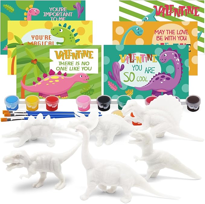 24 Pack Valentines Day Cards for Kids with Dinosaur Painting Kit for Kids, Valentines Greeting Cards for School Classroom Exchange Gifts, Happy Valentines Day Arts and Crafts Party Favor Supplies
