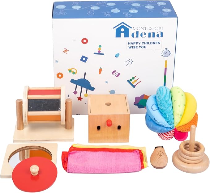 Adena Montessori Play Kit for 5-6 Months Baby,8 in 1 Learning Educational Toys for Toddler,Include Rainbow Spining Drum,Mirror Puzzle,Baby Tissue Box and More,Christmas Birthday Gift for Boys Girl