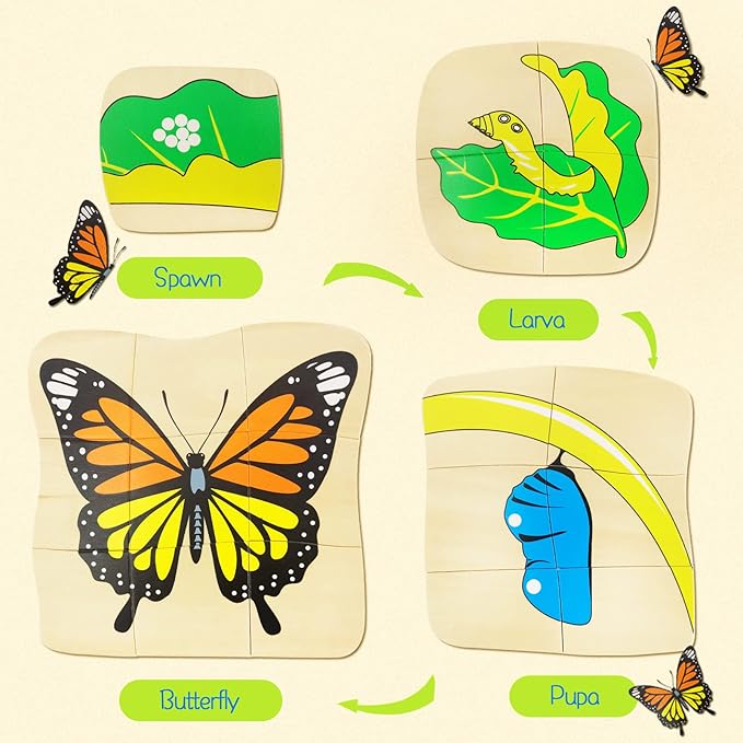 Montessori Wooden Puzzles for Kids Ages 4-8, 4 Layer Life Cycle of Butterfly Jigsaw Puzzle for Toddlers, Children Preschool Learning Educational Puzzles Toys for Boys and Girls (Butterfly)