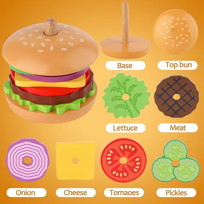 Aizweb Montessori Toys for 3 Year Old - Wooden Burger Stacking Toys for Toddlers and Kids Preschool, Educational Toys, Fine Motor Skill Toy, Blocks for Toddlers, Learning Toys