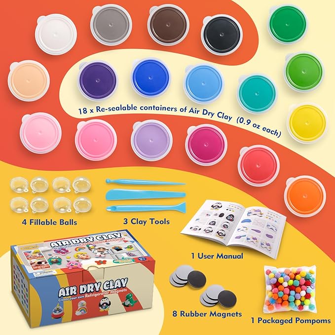 Drama Planet Air Dry Clay Kit for Kids, Create Your Own Refrigerator Magnets with Modeling Clay, Art Activity Set, Craft Project Gifts for Boys & Girls