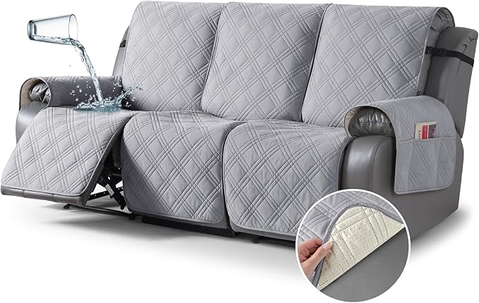 TAOCOCO 100% Waterproof Recliner Couch Cover, Non Slip Split Couch Covers for Reclining Couches with Elastic Straps, Washable Reclining Couch Covers Furniture Protector for Pets(3 Seater, Light Grey)