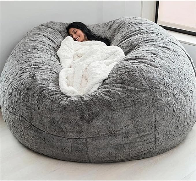 Giant Fur Bean Bag Chair Cover for Kids Adults, (No Filler) Living Room Furniture Big Round Soft Fluffy Faux Fur Beanbag Lazy Sofa Bed Cover (Light Grey, 5FT)