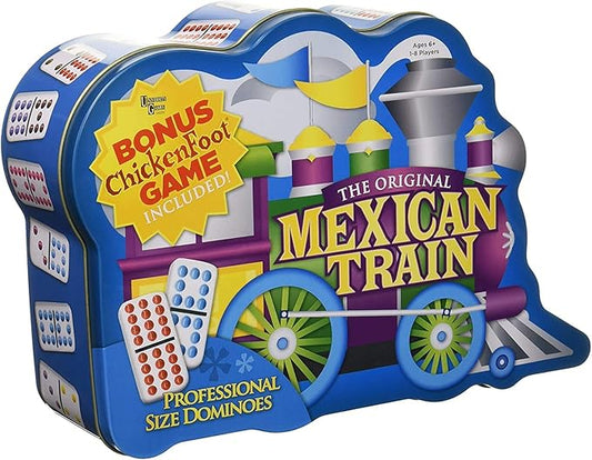 Mexican Train Double 12 Professional Size Dominoes with Bonus Chickenfoot Game Included Travel Tin Board Game, 91 Tiles, Challenging, Fun Game for Ages 6 Years & Up, Blue