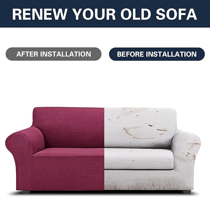 2025 New Stretch Sofa Slipcovers Couch Cover for 3 Cushion Furniture Protector Sofa Covers with Elastic Bottom Jacquard Fabric Small Checks for Pets, Kids -Sofa, Wine